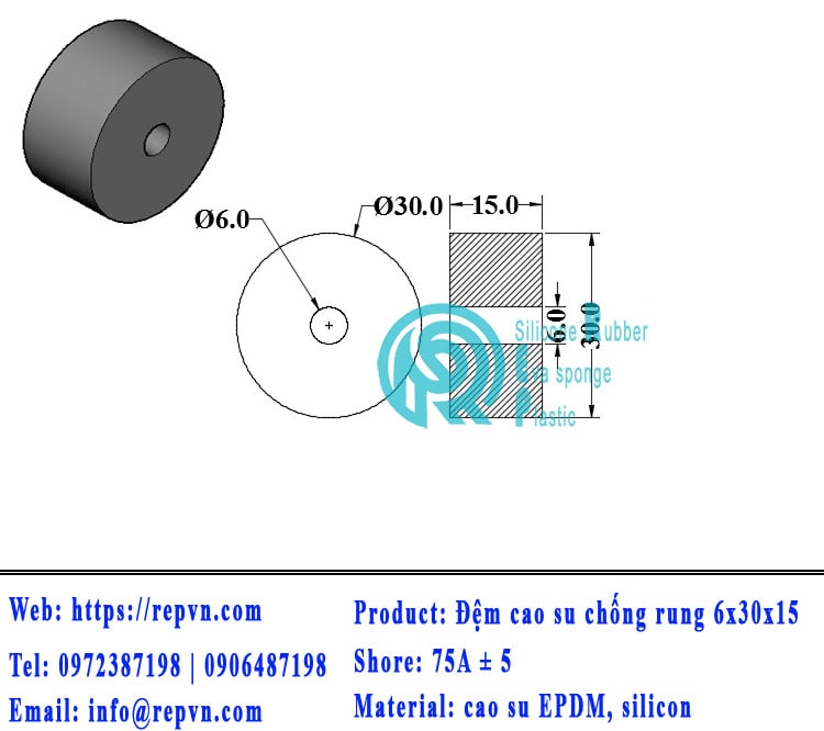 dem cao su chong rung 6x30x15 min