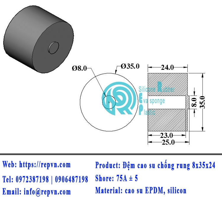 dem cao su chong rung 8x35x24 min