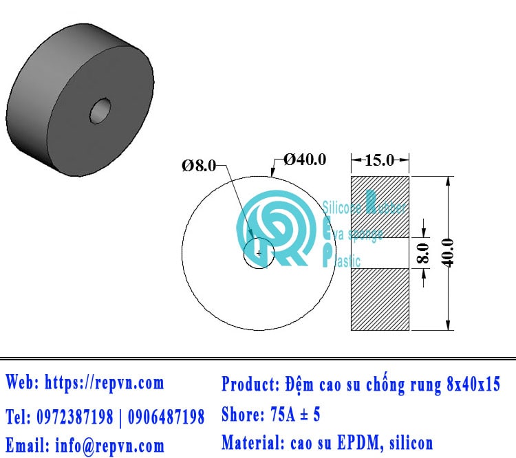dem cao su chong rung 8x40x15 min