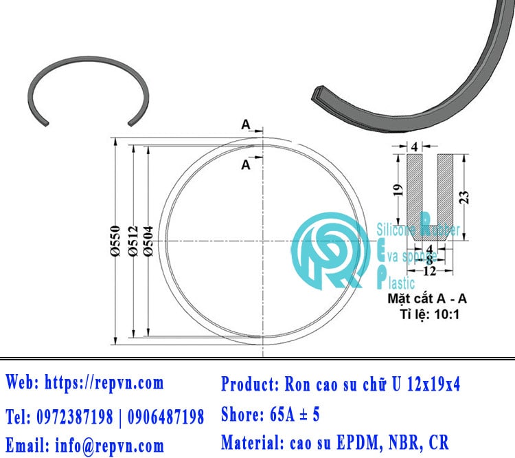 thanh ron cao su chu U 12x19x4 min