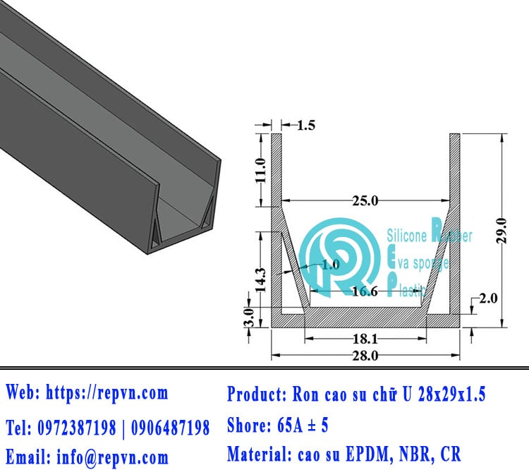 thanh ron cao su chu U 28x29x1.5 min