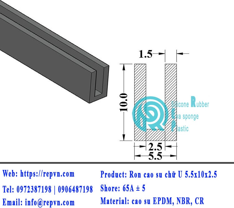 thanh ron cao su chu U 5.5x10x2.5 min