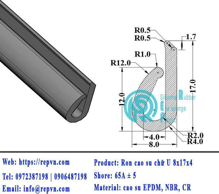 thanh ron cao su chu U 8x17x4 min